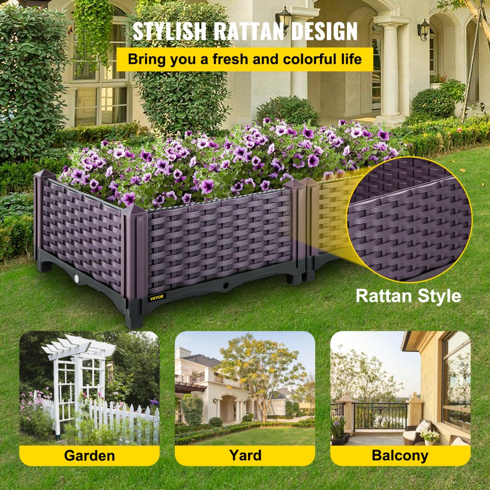 VEVOR Cama de jardín elevada de plástico, juego de 2 maceteros, 9.1 pulgadas de alto, autorriego elevado para flores, verduras, frutas, hierbas, uso interior/exterior, ratán realista marrón