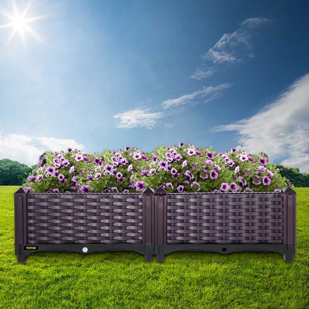 VEVOR Cama de jardín elevada de plástico, juego de 2 maceteros, 9.1 pulgadas de alto, autorriego elevado para flores, verduras, frutas, hierbas, uso interior/exterior, ratán realista marrón