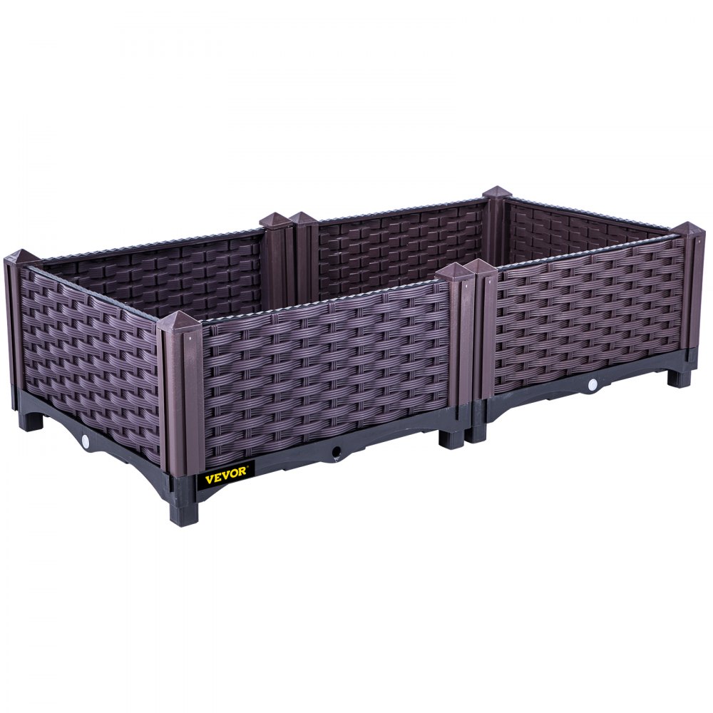 VEVOR Cama de jardín elevada de plástico, juego de 2 maceteros, 9.1 pulgadas de alto, autorriego elevado para flores, verduras, frutas, hierbas, uso interior/exterior, ratán realista marrón