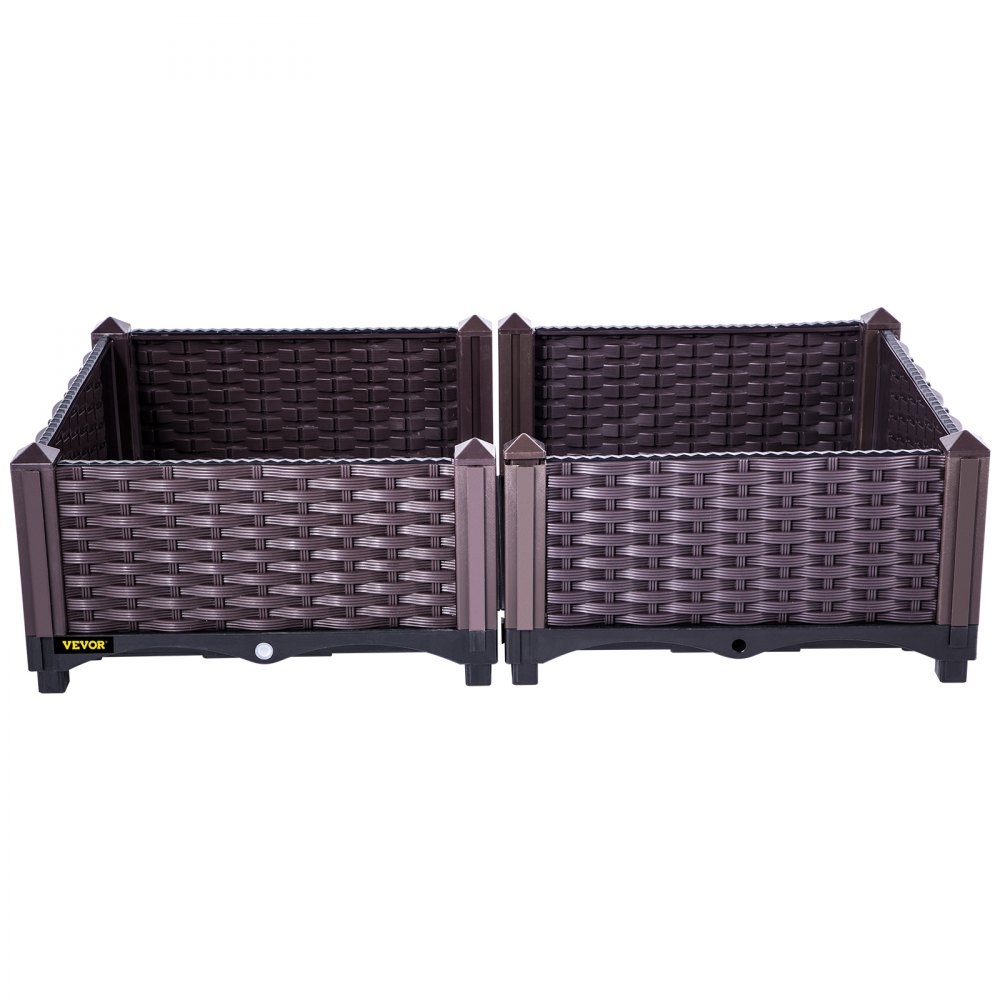 VEVOR Cama de jardín elevada de plástico, juego de 2 maceteros, 9.1 pulgadas de alto, autorriego elevado para flores, verduras, frutas, hierbas, uso interior/exterior, ratán realista marrón