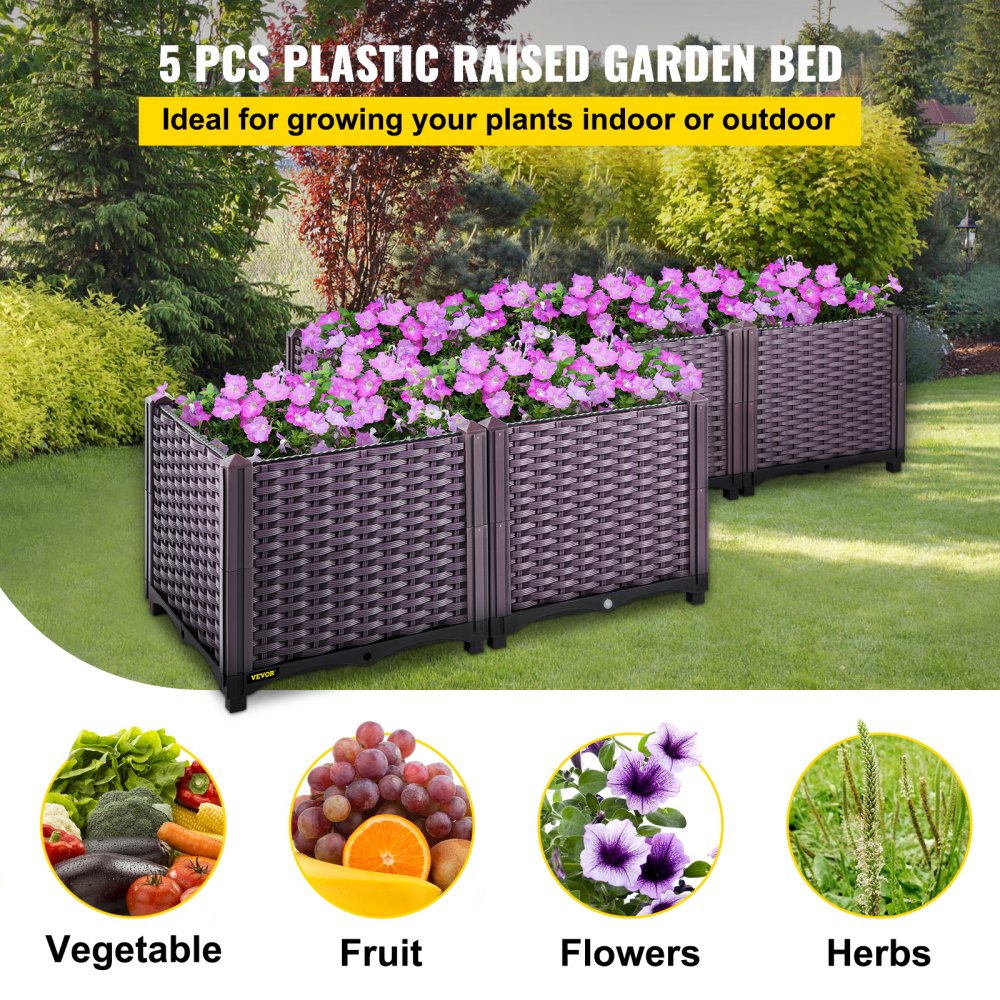 VEVOR Cama de plástico elevada para jardín, juego de 5 macetas, caja de cultivo, 14.5 pulgadas de alto, riego automático elevado para flores, verduras, frutas, hierbas, uso interior/exterior, ratán marrón realista