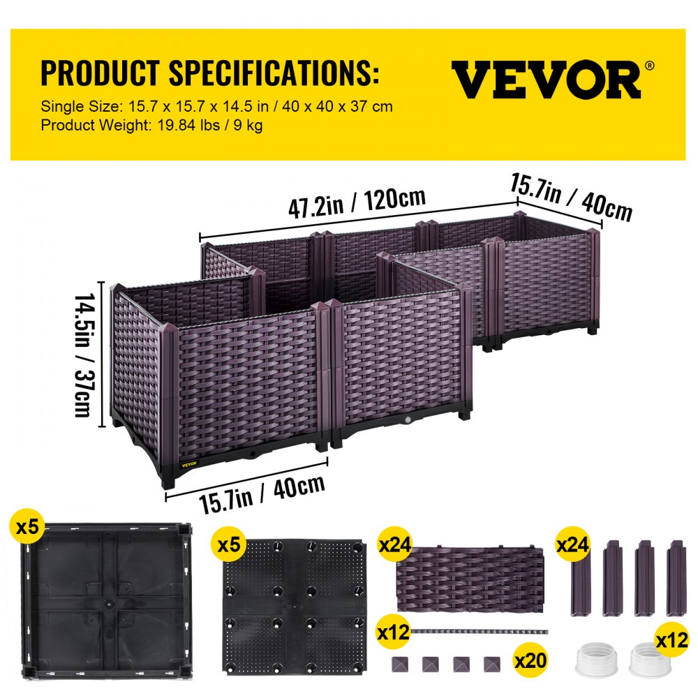VEVOR Cama de plástico elevada para jardín, juego de 5 macetas, caja de cultivo, 14.5 pulgadas de alto, riego automático elevado para flores, verduras, frutas, hierbas, uso interior/exterior, ratán marrón realista