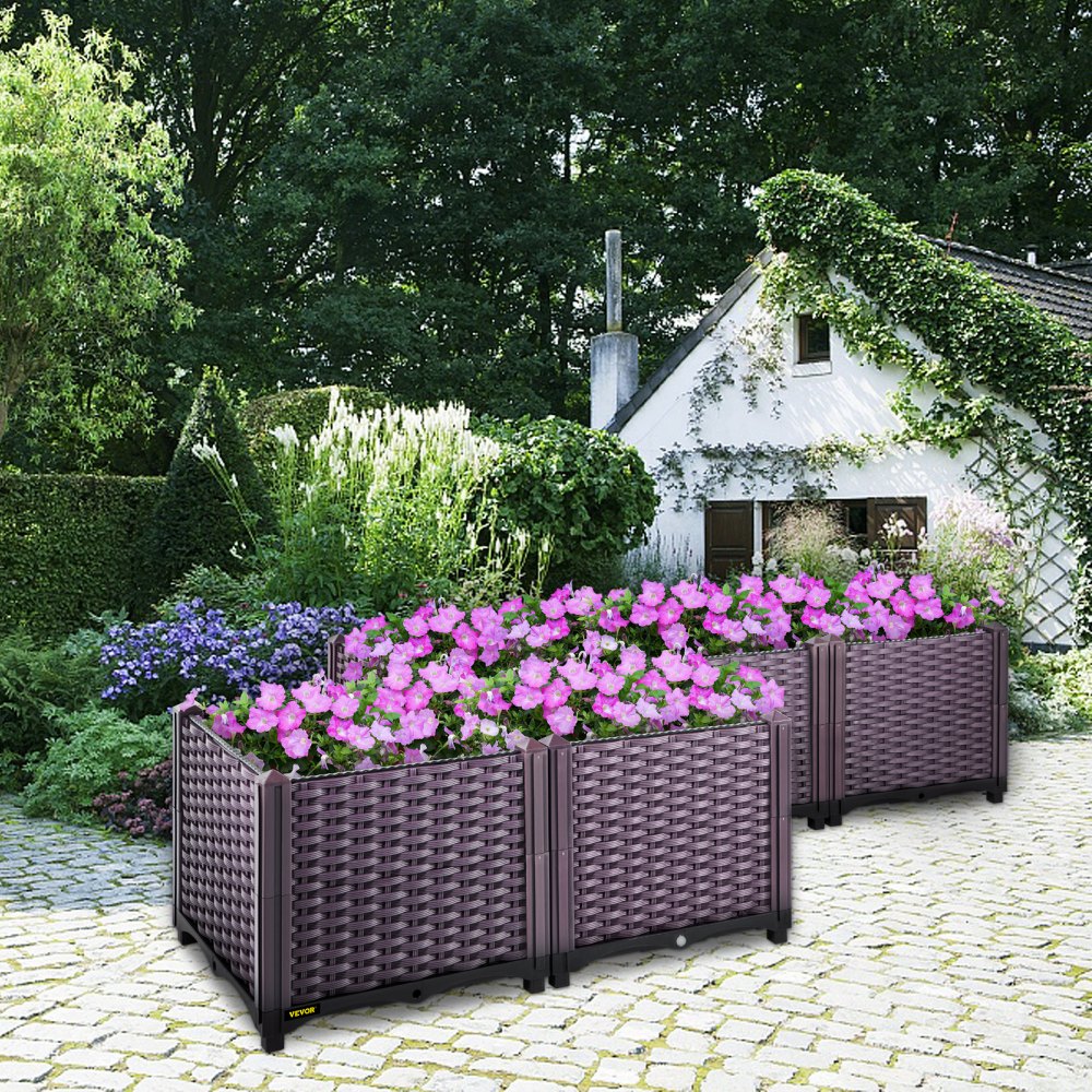 VEVOR Cama de plástico elevada para jardín, juego de 5 macetas, caja de cultivo, 14.5 pulgadas de alto, riego automático elevado para flores, verduras, frutas, hierbas, uso interior/exterior, ratán marrón realista