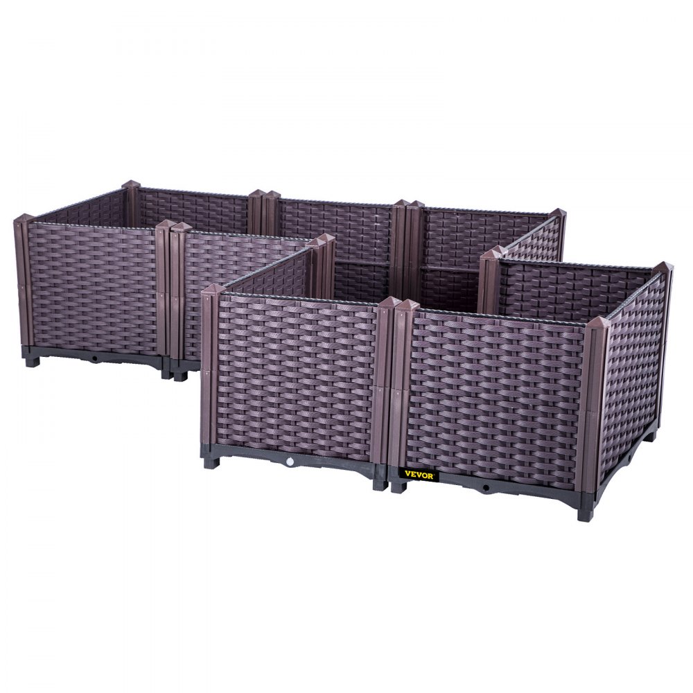 VEVOR Cama de plástico elevada para jardín, juego de 5 macetas, caja de cultivo, 14.5 pulgadas de alto, riego automático elevado para flores, verduras, frutas, hierbas, uso interior/exterior, ratán marrón realista
