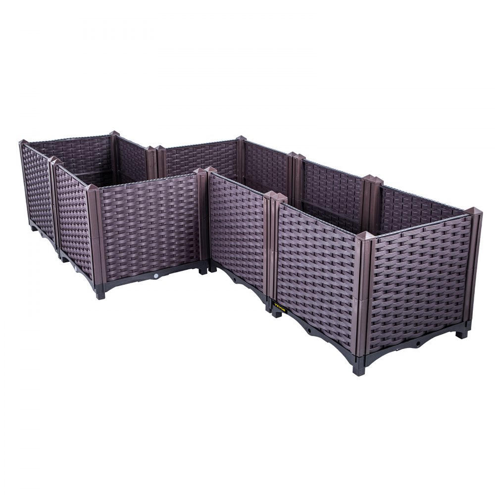 VEVOR Cama de plástico elevada para jardín, juego de 5 macetas, caja de cultivo, 14.5 pulgadas de alto, riego automático elevado para flores, verduras, frutas, hierbas, uso interior/exterior, ratán marrón realista