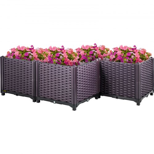 VEVOR Cama de jardín elevada de plástico, juego de 4 maceteros, 14.5 pulgadas de alto, autorriego elevado para flores, verduras, frutas, hierbas, uso interior/exterior, ratán realista marrón