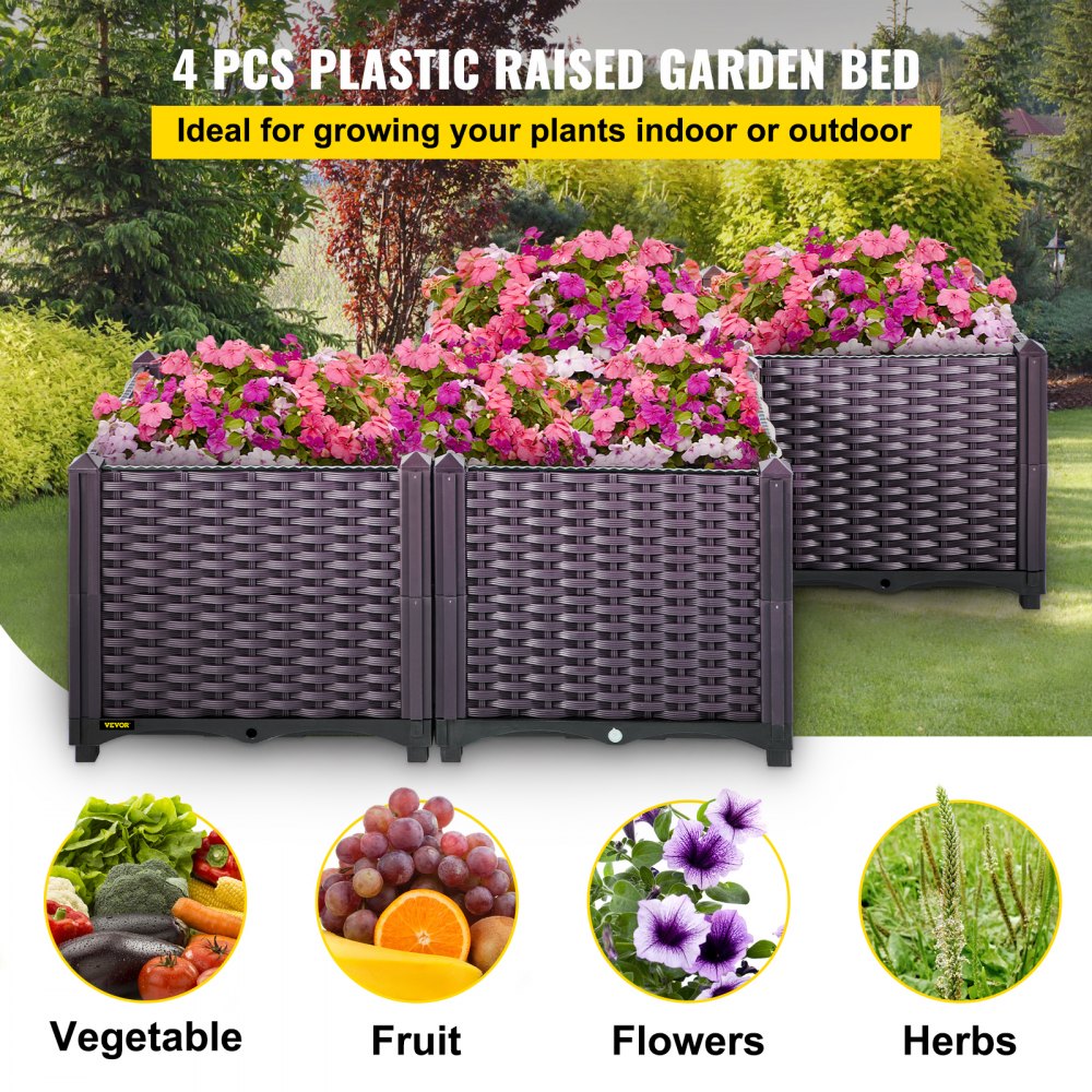 VEVOR Cama de jardín elevada de plástico, juego de 4 maceteros, 14.5 pulgadas de alto, autorriego elevado para flores, verduras, frutas, hierbas, uso interior/exterior, ratán realista marrón