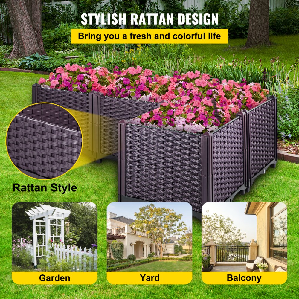 VEVOR Cama de jardín elevada de plástico, juego de 4 maceteros, 14.5 pulgadas de alto, autorriego elevado para flores, verduras, frutas, hierbas, uso interior/exterior, ratán realista marrón