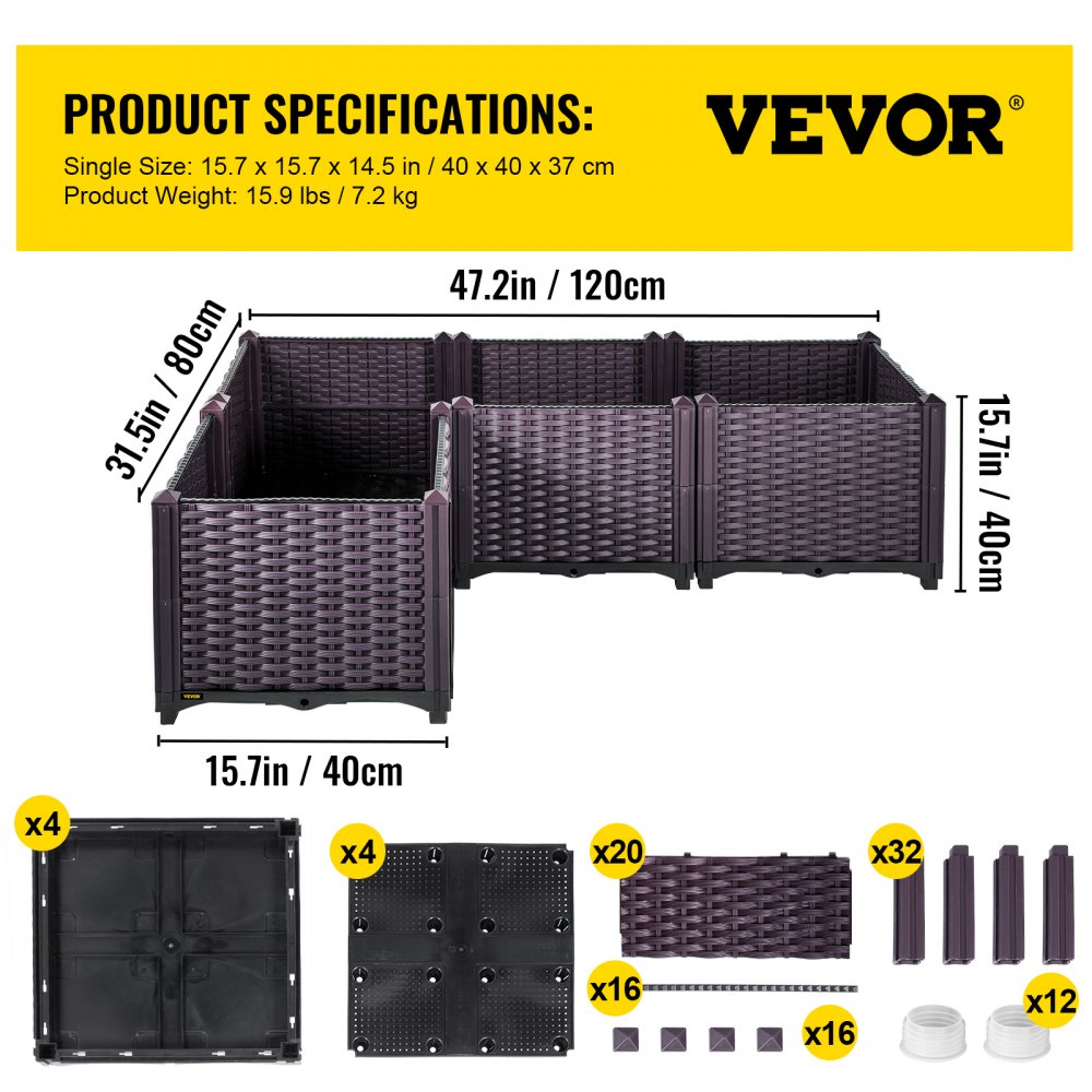 VEVOR Cama de jardín elevada de plástico, juego de 4 maceteros, 14.5 pulgadas de alto, autorriego elevado para flores, verduras, frutas, hierbas, uso interior/exterior, ratán realista marrón