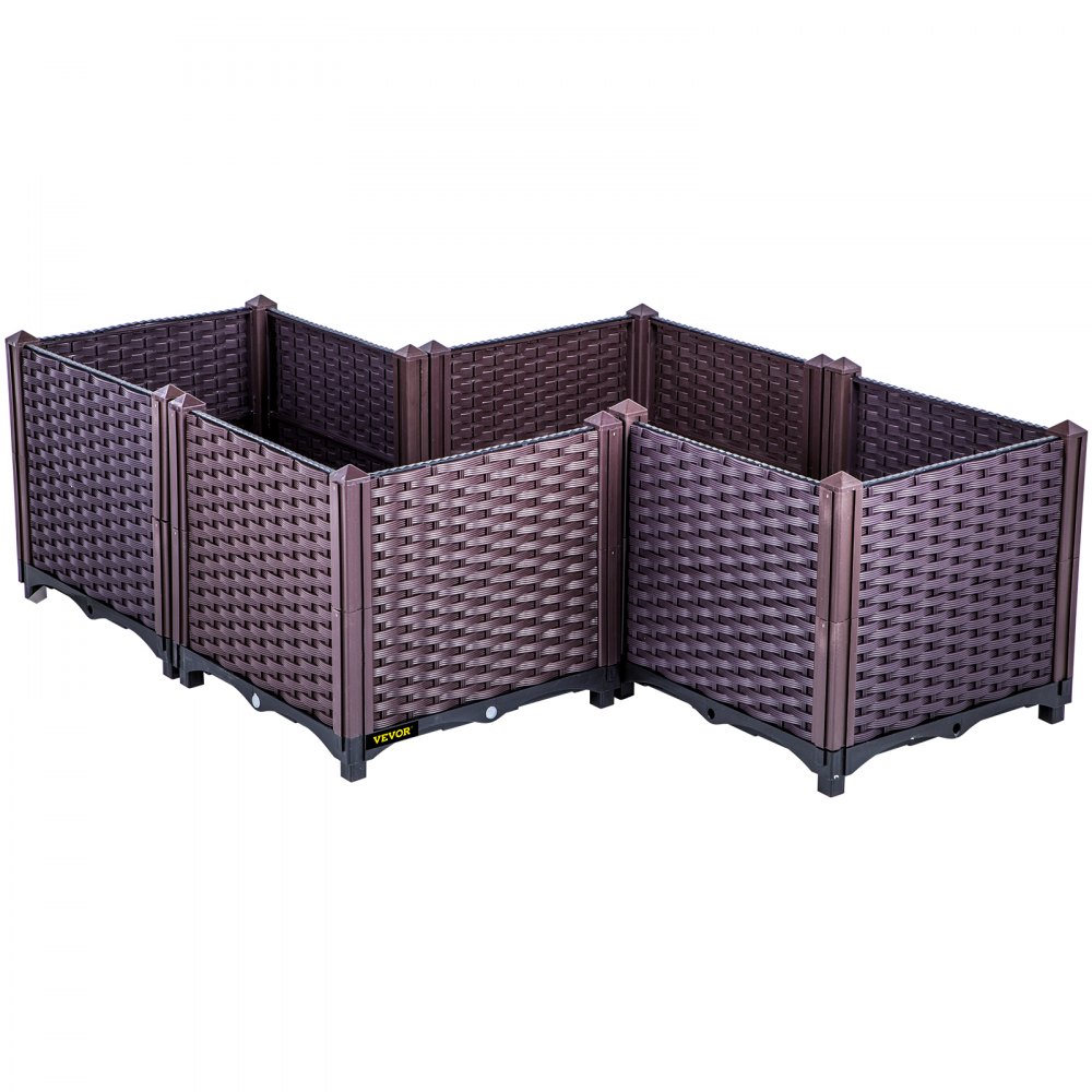 VEVOR Cama de jardín elevada de plástico, juego de 4 maceteros, 14.5 pulgadas de alto, autorriego elevado para flores, verduras, frutas, hierbas, uso interior/exterior, ratán realista marrón