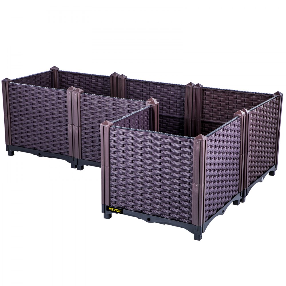 VEVOR Cama de jardín elevada de plástico, juego de 4 maceteros, 14.5 pulgadas de alto, autorriego elevado para flores, verduras, frutas, hierbas, uso interior/exterior, ratán realista marrón