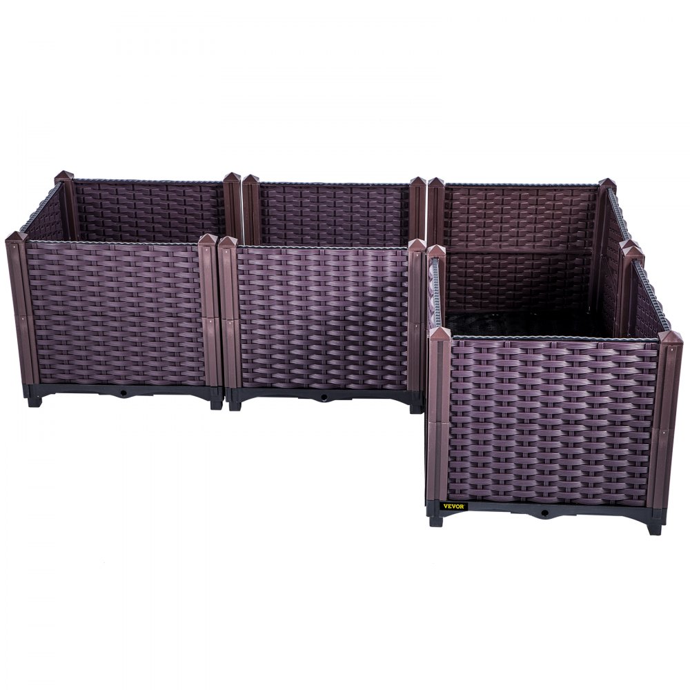 VEVOR Cama de jardín elevada de plástico, juego de 4 maceteros, 14.5 pulgadas de alto, autorriego elevado para flores, verduras, frutas, hierbas, uso interior/exterior, ratán realista marrón