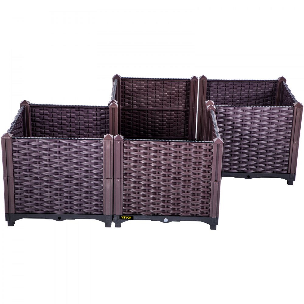 VEVOR Cama de jardín elevada de plástico, juego de 4 maceteros, 14.5 pulgadas de alto, autorriego elevado para flores, verduras, frutas, hierbas, uso interior/exterior, ratán realista marrón