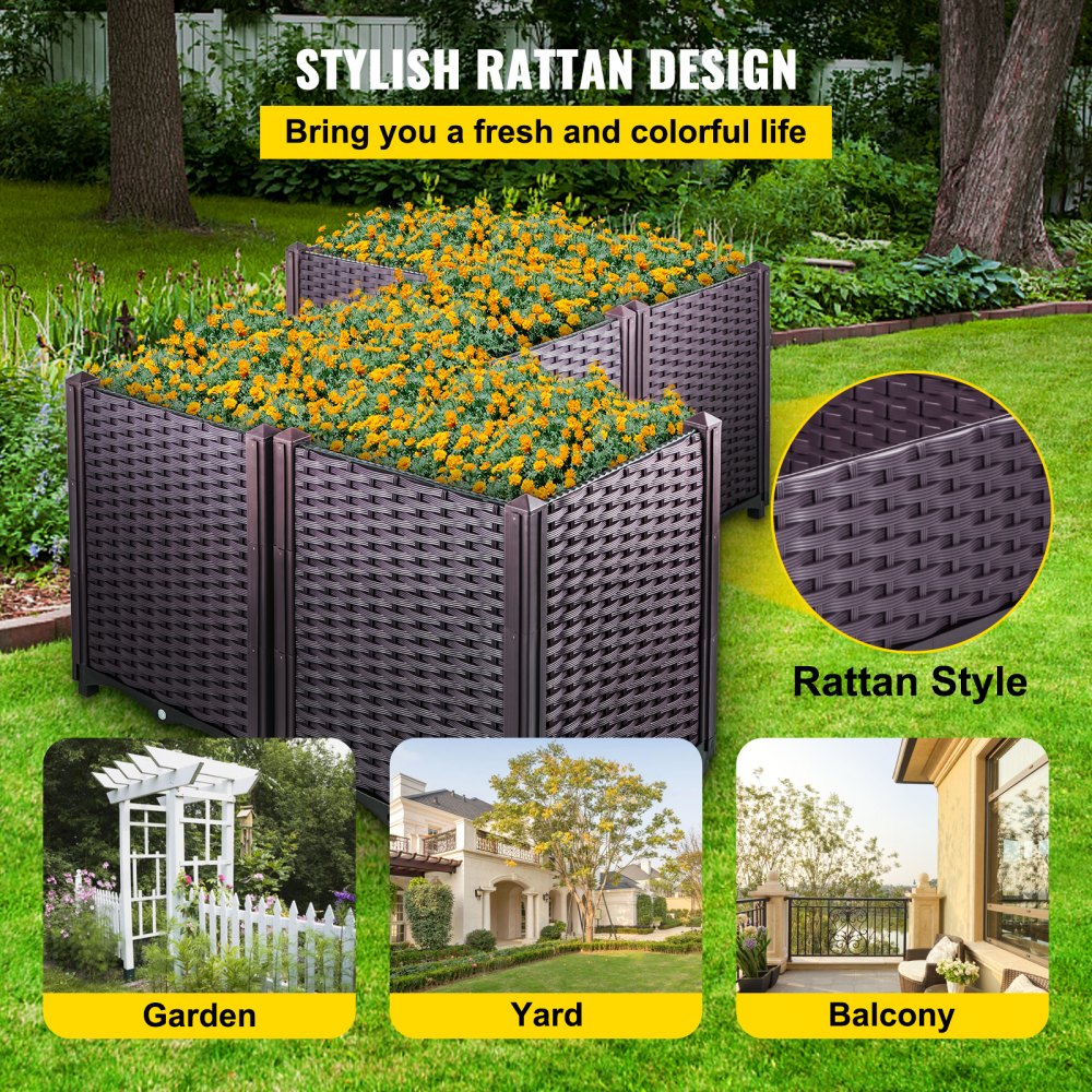 VEVOR Plastic Raised Garden Bed, Set of 5 Planter Grow Box, 20.5" H Self-Watering Elevated for Flowers, Vegetables, Fruits, Herbs, Indoor/Outdoor Use, Brown Realistic Rattan