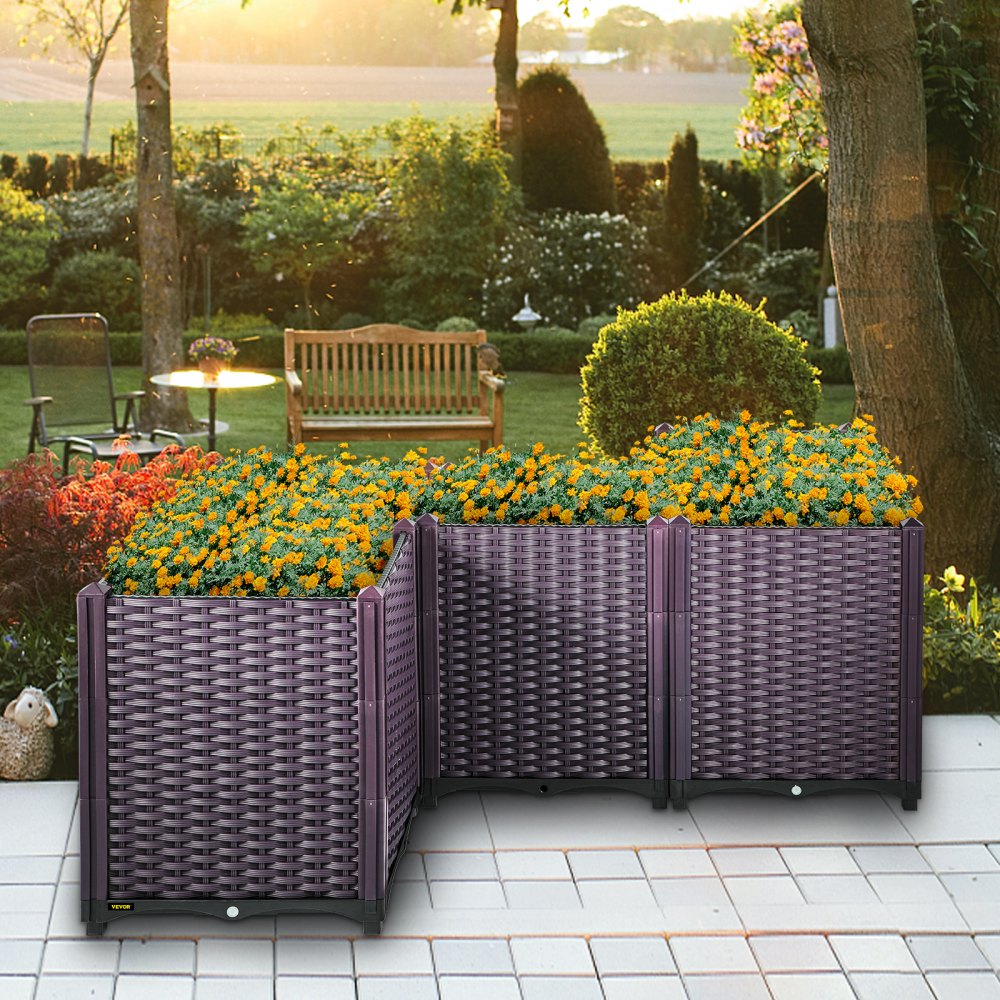 VEVOR Plastic Raised Garden Bed, Set of 5 Planter Grow Box, 20.5" H Self-Watering Elevated for Flowers, Vegetables, Fruits, Herbs, Indoor/Outdoor Use, Brown Realistic Rattan