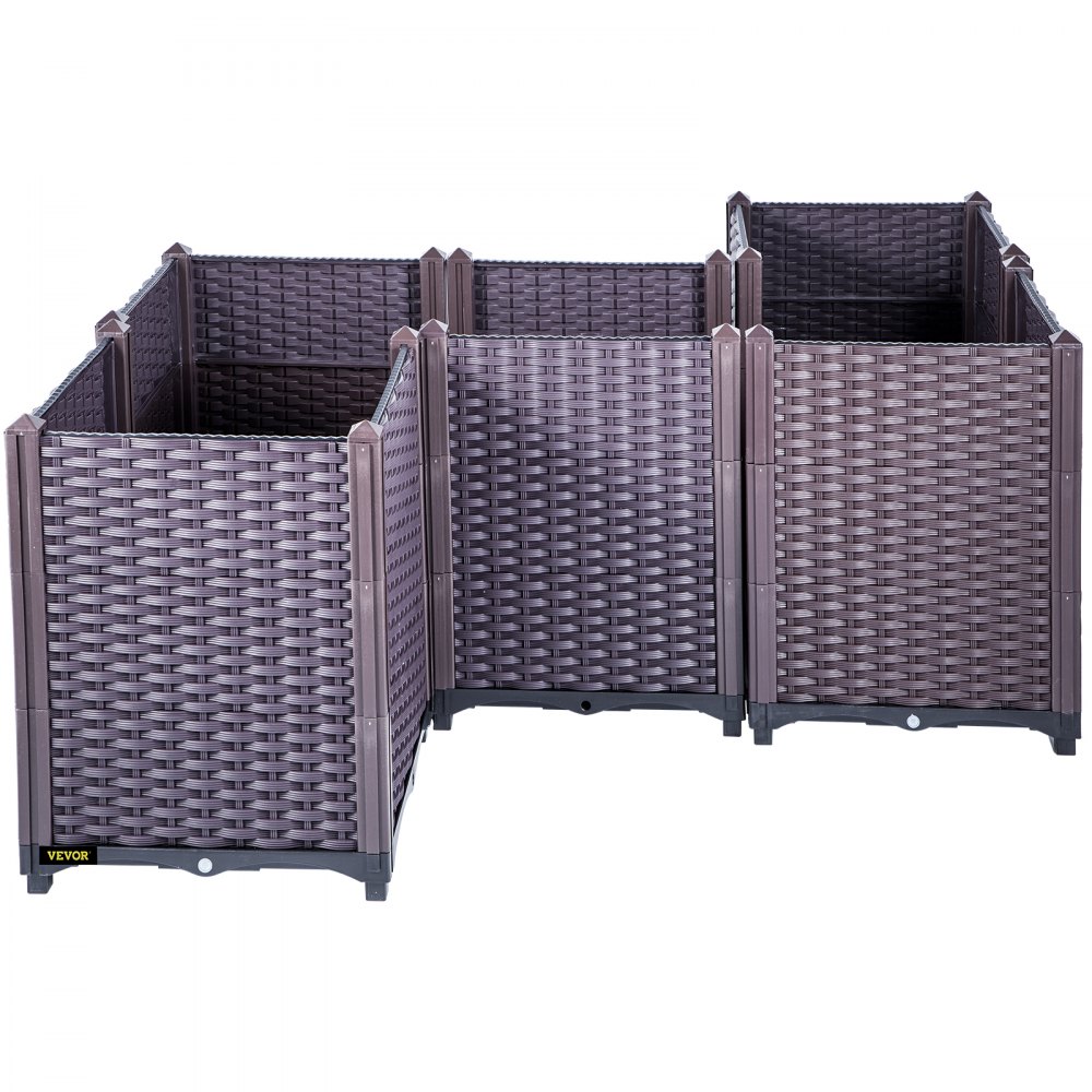 VEVOR Plastic Raised Garden Bed, Set of 5 Planter Grow Box, 20.5" H Self-Watering Elevated for Flowers, Vegetables, Fruits, Herbs, Indoor/Outdoor Use, Brown Realistic Rattan