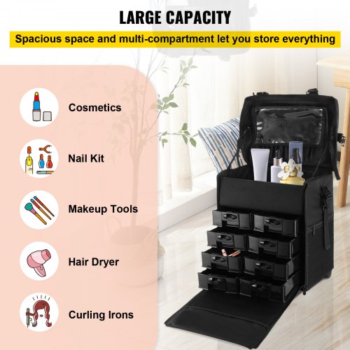 VEVOR VEVOR 2 in 1 Makeup Case Train Box Cosmetic Organizer Rolling Luggage  Trolley Bag Black Professional Makeup Case Organizer Beauty Case on Wheels