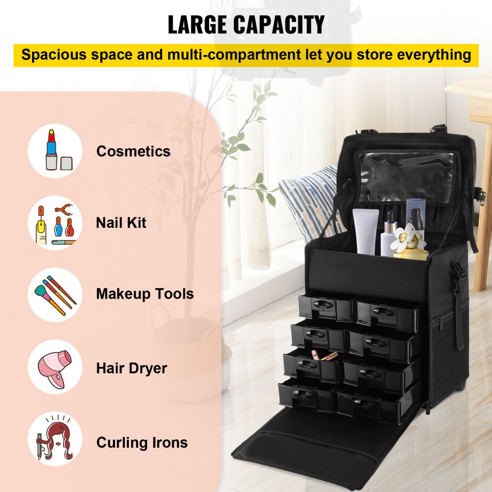 VEVOR 2 in 1 Nylon Rolling Makeup Case with Wheels Travel Cosmetic Cases Detachable Professional Rolling Trolley Makeup Travel Case Oxford Vanity Portable Makeup Artist Organizer Box