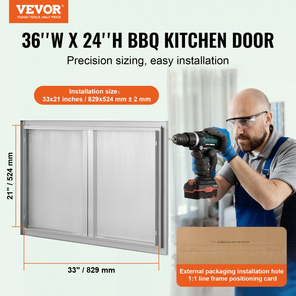VEVOR BBQ Access Door, 914x610 mm Double Outdoor Kitchen Door, Stainless Steel Flush Mount Door, Wall Vertical Door with Recessed Handles , for BBQ Island, Grilling Station, Outside Cabinet