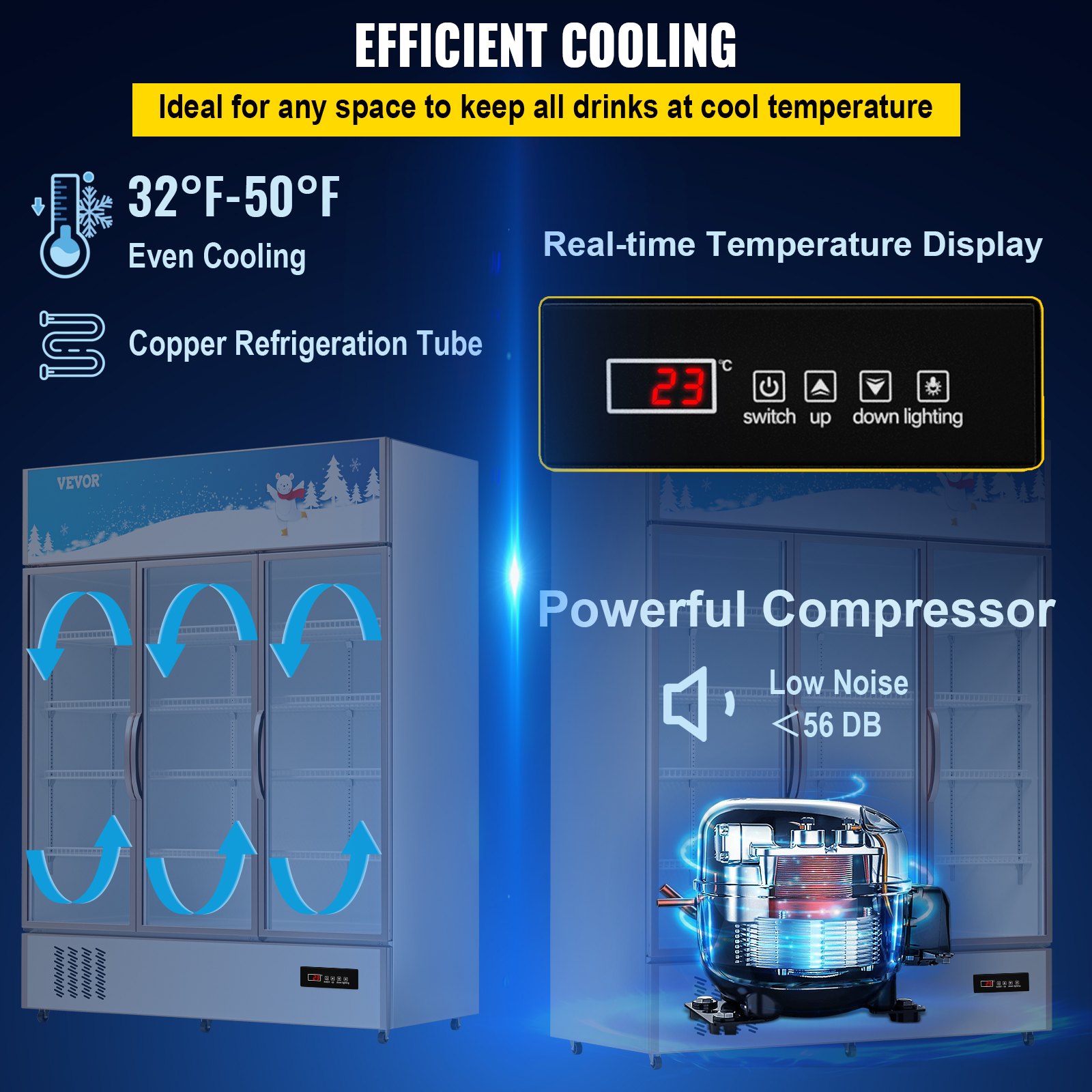VEVOR Commercial Refrigerator,Display Fridge Upright Beverage Cooler, Glass Door with LED Light for Home, Store, Gym or Office, (35 cu.ft. Triple Swing Door)