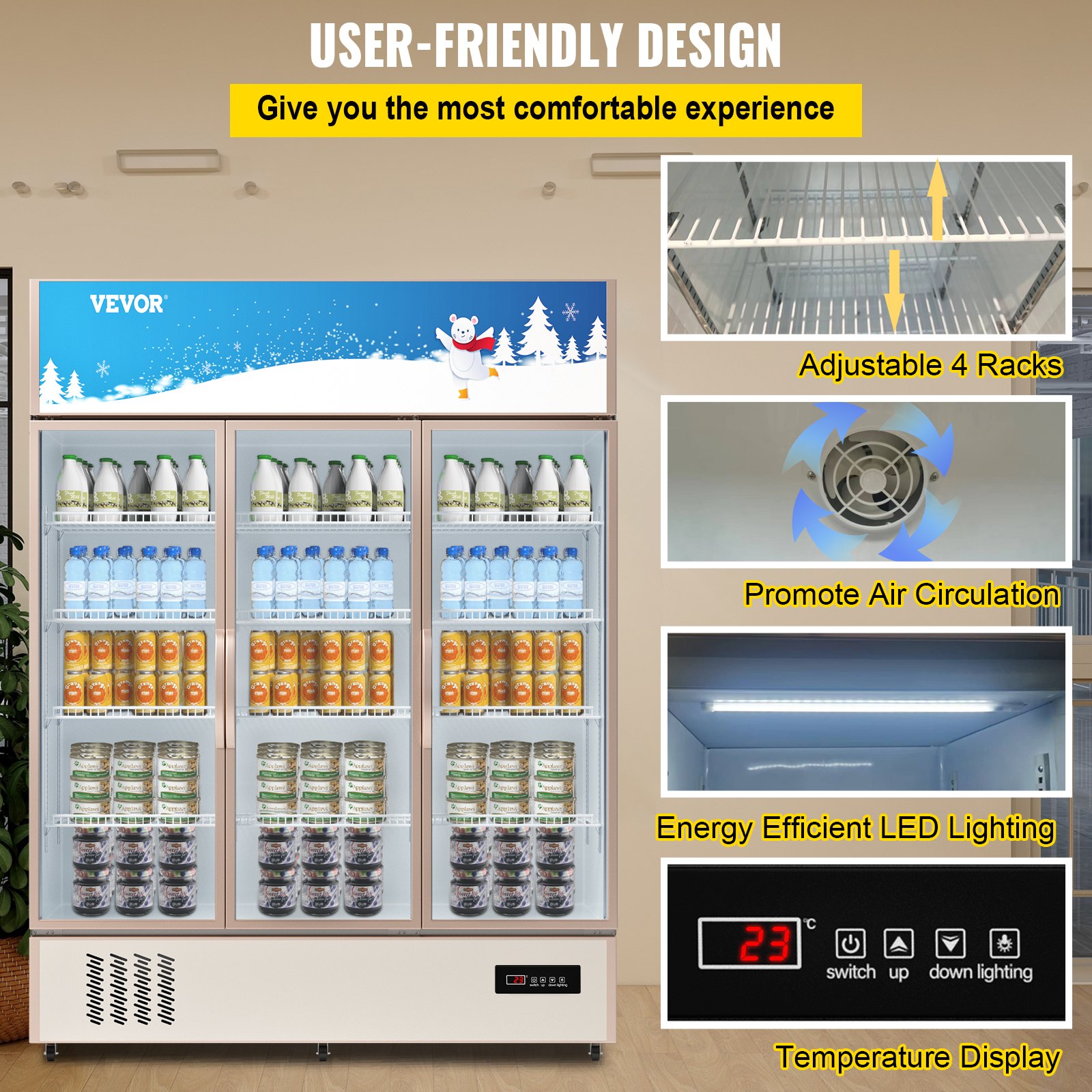 VEVOR Commercial Refrigerator,Display Fridge Upright Beverage Cooler, Glass Door with LED Light for Home, Store, Gym or Office, (35 cu.ft. Triple Swing Door)