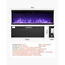 72 inch Electric Fireplace Three Sided Glass Wall Mounted Recessed 1500W