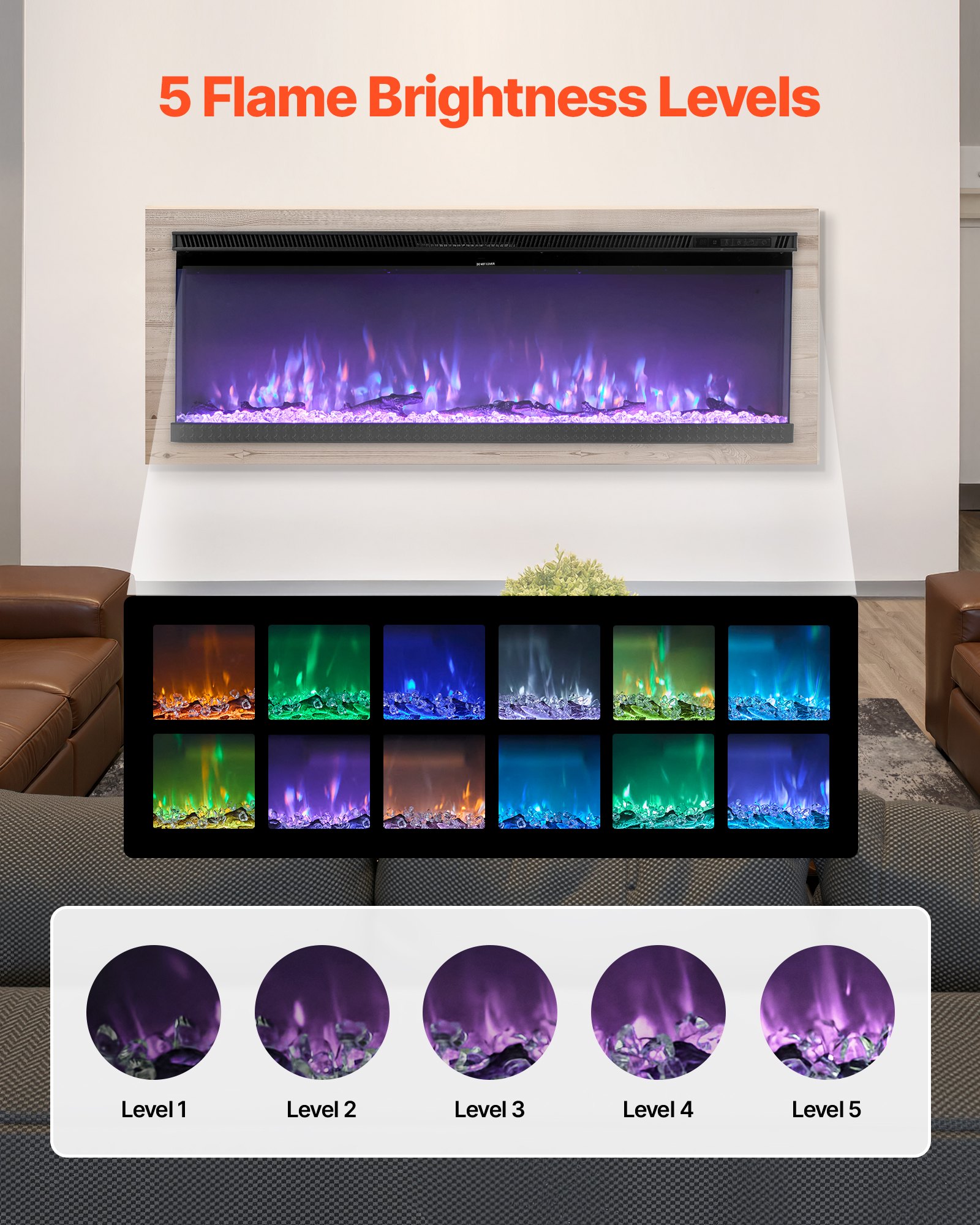 VEVOR 72 inch Electric Fireplace, Three-Sided Glass Wall Mounted Recessed Fire Place with Remote Control, Timer, 1500W, Adjustable Flame Color Brightness,Overheat Protection, for Living Room,Bedroom