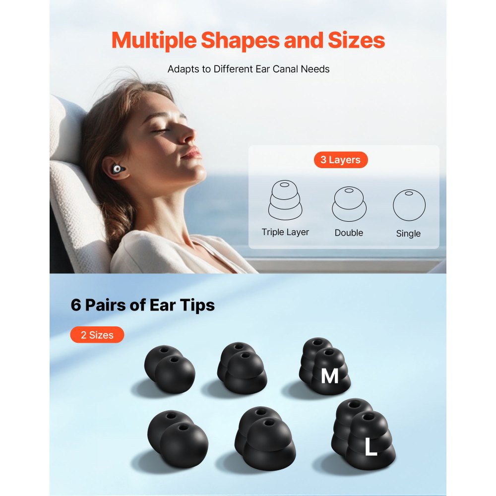 VEVOR Ear Plugs for Sleeping Noise Cancelling, NRR 25 dB Reusable High Noise Reduction  Earplugs, Flexible Silicone Soft Earplug with 12 Ear Tips in M / L, for Sleeping, Working, Studying & Traveling