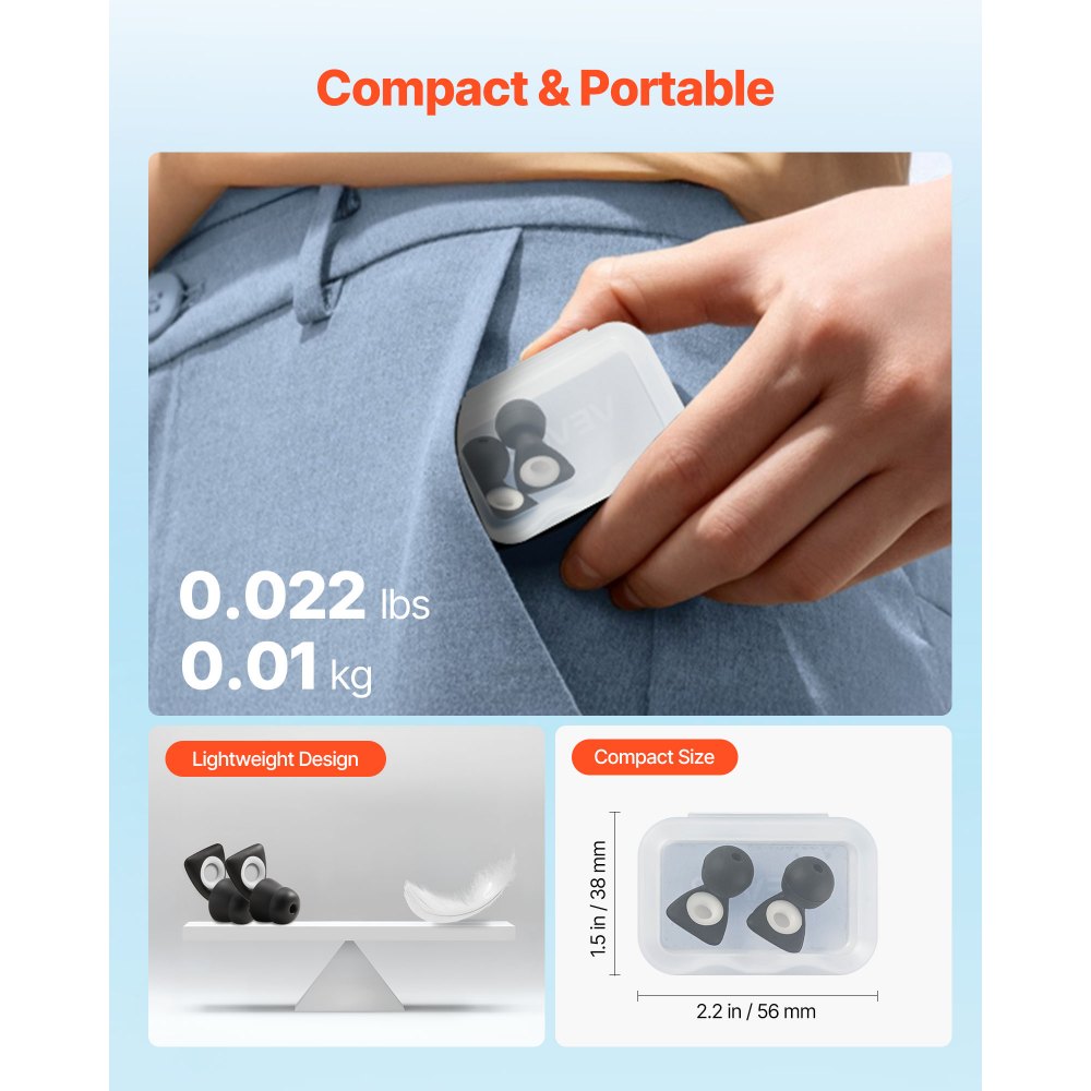 VEVOR Ear Plugs for Sleeping Noise Cancelling, NRR 25 dB Reusable High Noise Reduction  Earplugs, Flexible Silicone Soft Earplug with 12 Ear Tips in M / L, for Sleeping, Working, Studying & Traveling