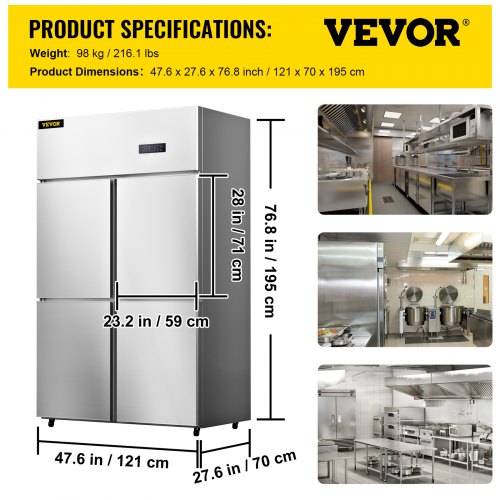 VEVOR Commercial Refrigerator, 27.5 Cu.Ft Upright Refrigerator, 48" Side by Side Freezer, Stainless Steel Merchandiser Refrigerators with Dual Temperature Control, Business Food Fridge for Kitchen Restaurant, 4 Door