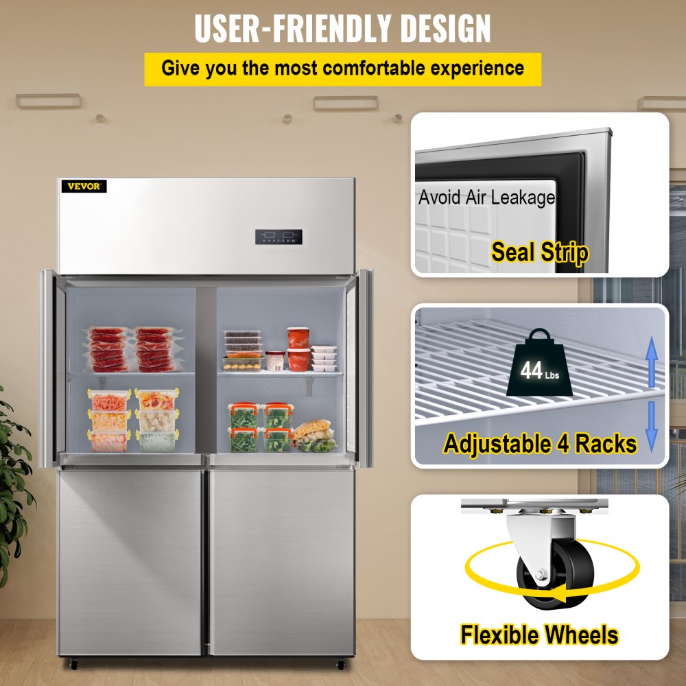 VEVOR Commercial Reach-in Refrigerator, 4 Doors Upright Beverage Cooler, 27.5 Cu.Ft Side by Side Freezer, Stainless Steel Merchandiser Refrigerators, Business Food Fridge for Snacks & Drinks, Silver
