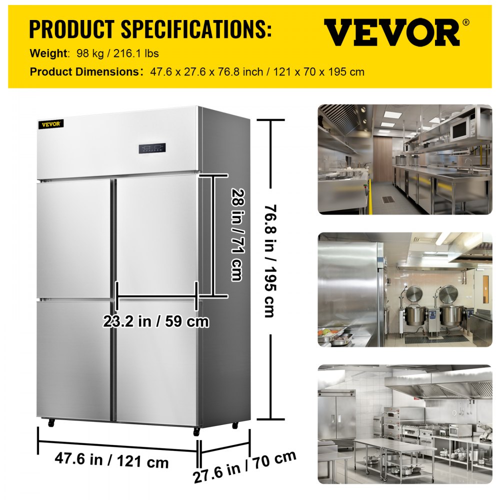 VEVOR Commercial Reach-in Refrigerator, 4 Doors Upright Beverage Cooler, 27.5 Cu.Ft Side by Side Freezer, Stainless Steel Merchandiser Refrigerators, Business Food Fridge for Snacks & Drinks, Silver