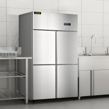 Chladnička VEVOR Commercial Reach-in, 4dveřová svislá chladnička na nápoje, 27,5 Cu.Ft Side by Side Freezer, Nerezové obchodní chladničky, Lednice pro obchodní potraviny na občerstvení a nápoje, stříbrná