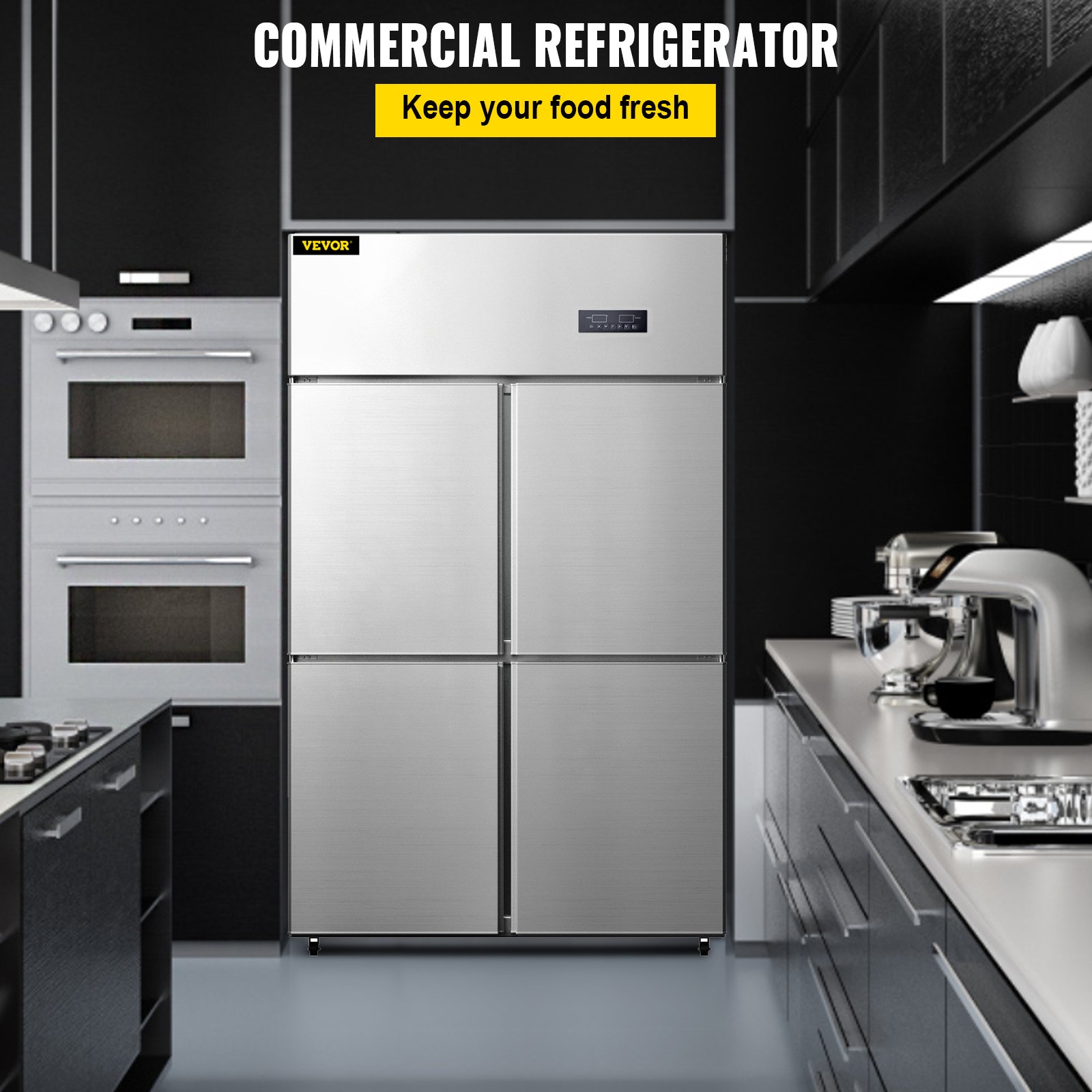 VEVOR Commercial Reach-in Refrigerator, 4 Doors Upright Beverage Cooler, 27.5 Cu.Ft Side by Side Freezer, Stainless Steel Merchandiser Refrigerators, Business Food Fridge for Snacks & Drinks, Silver