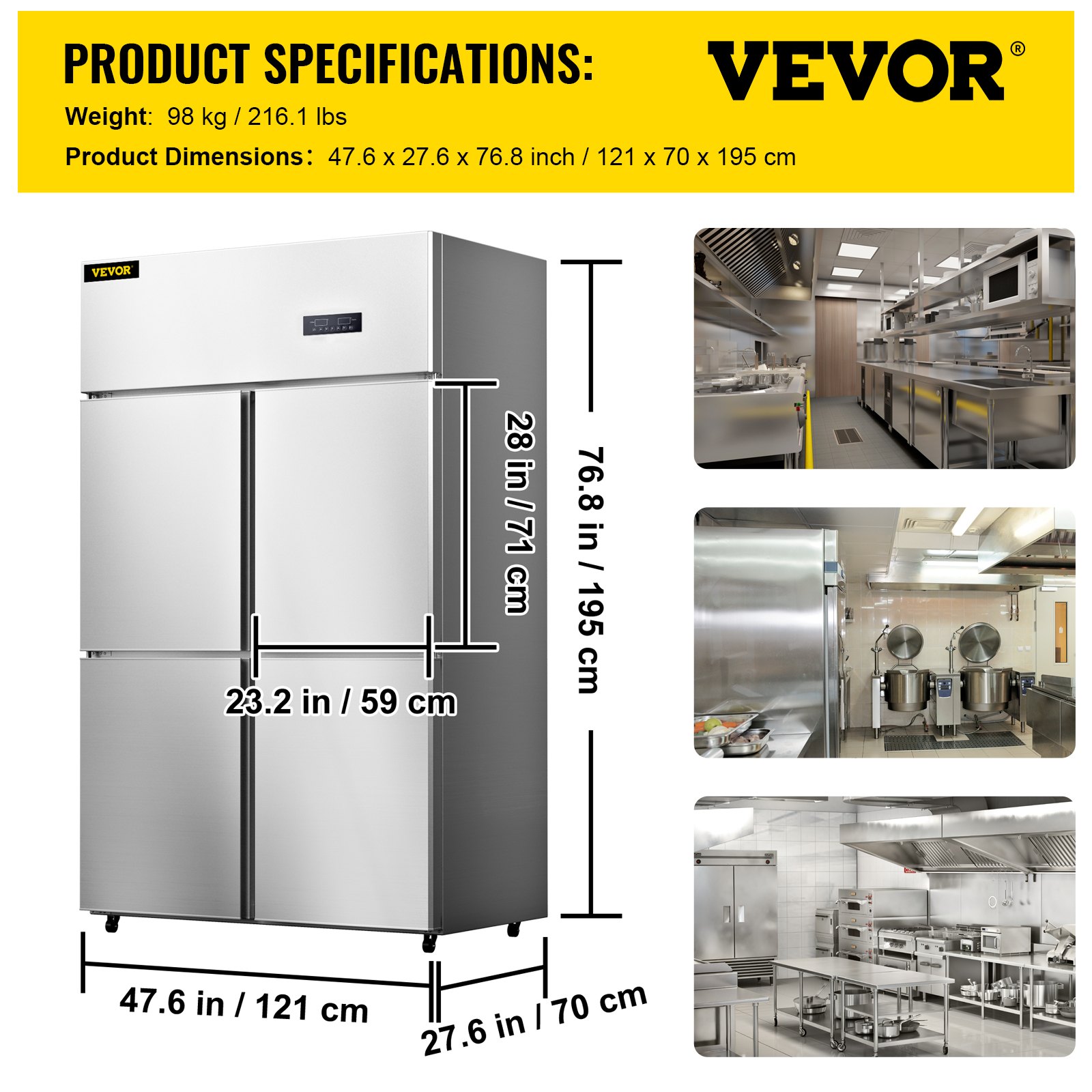 VEVOR Commercial Reach-in Refrigerator, 4 Doors Upright Beverage Cooler, 27.5 Cu.Ft Side by Side Freezer, Stainless Steel Merchandiser Refrigerators, Business Food Fridge for Snacks & Drinks, Silver