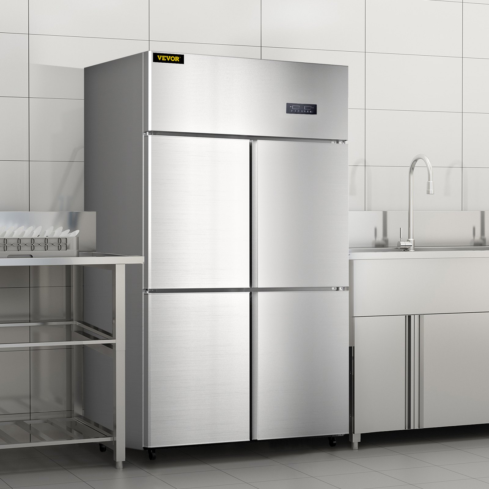 VEVOR Commercial Reach-in Refrigerator, 4 Doors Upright Beverage Cooler, 27.5 Cu.Ft Side by Side Freezer, Stainless Steel Merchandiser Refrigerators, Business Food Fridge for Snacks & Drinks, Silver