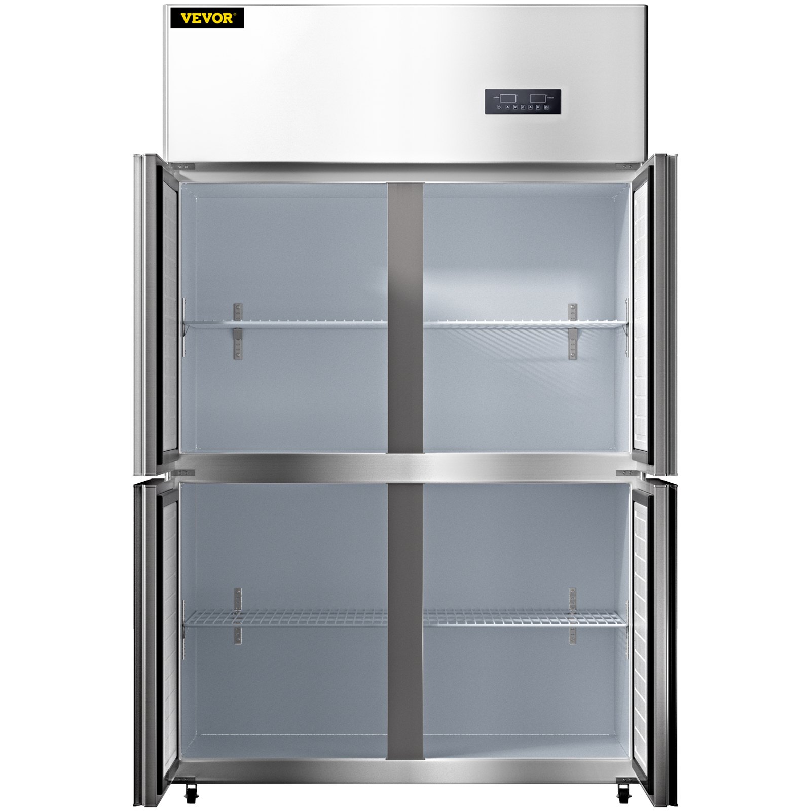 VEVOR Commercial Reach-in Refrigerator, 4 Doors Upright Beverage Cooler, 27.5 Cu.Ft Side by Side Freezer, Stainless Steel Merchandiser Refrigerators, Business Food Fridge for Snacks & Drinks, Silver