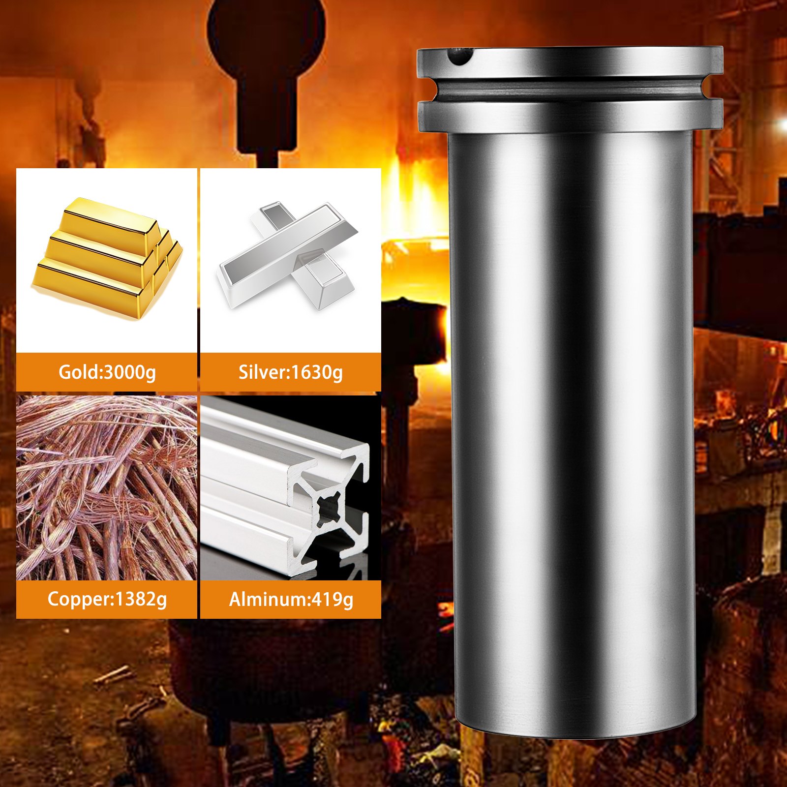 VEVOR graphite crucible with melting capacities for gold, silver, copper, and aluminum.