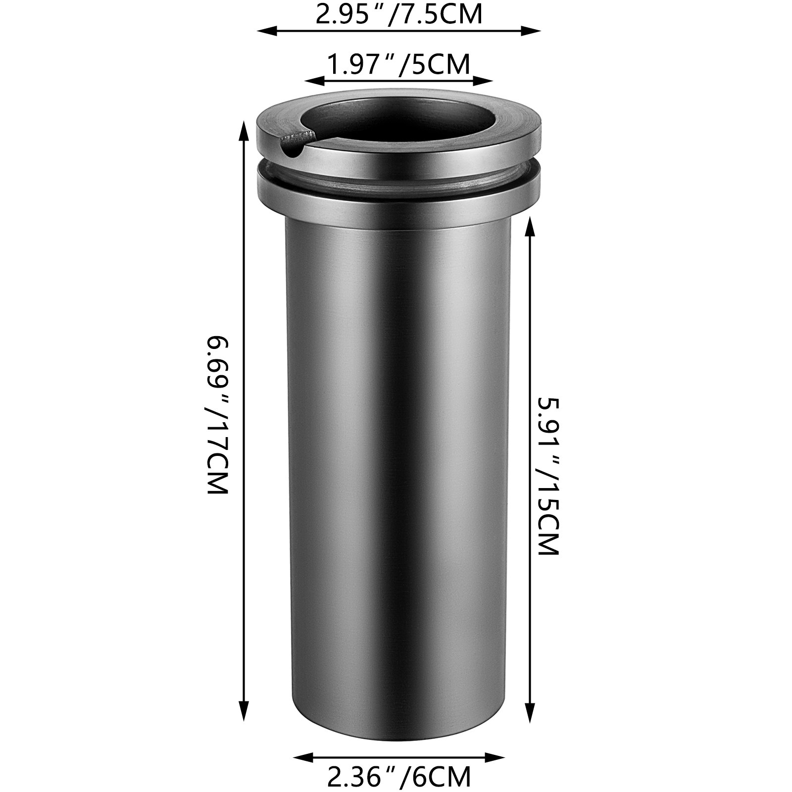 VEVOR graphite crucible with specified dimensions in centimeters and inches.