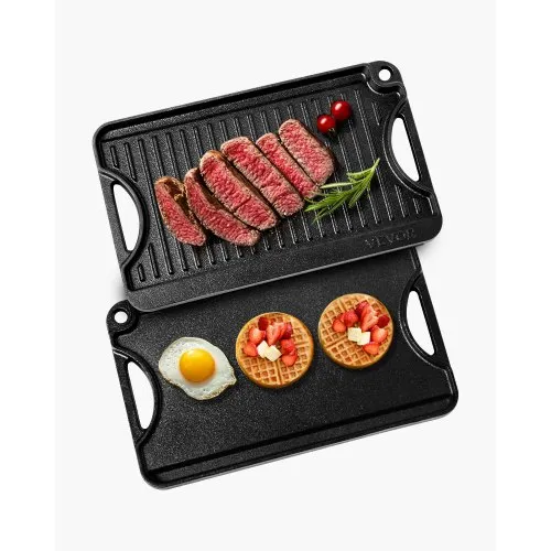 VEVOR Reversible Grill/Griddle, 14x8.5 inch Pre-Seasoned Cast Iron Griddle, Portable Rectangular Pan with Handle, Family Cookware for Indoor/Outdoor Stove Top Burner, Gas, Camping BBQ, Black