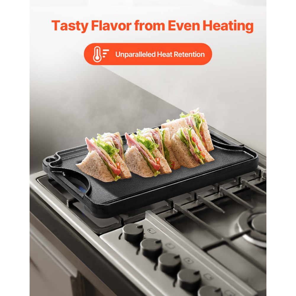 VEVOR Reversible Grill/Griddle, 14x8.5 inch Pre-Seasoned Cast Iron Griddle, Portable Rectangular Pan with Handle, Family Cookware for Indoor/Outdoor Stove Top Burner, Gas, Camping BBQ, Black
