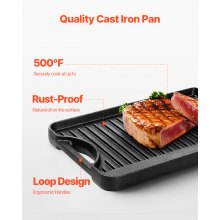 14x8.5 inch Reversible Grill Griddle Pre-Seasoned BBQ Pan Cast Iron Black