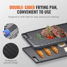 VEVOR Reversible Grill/Griddle, 9.7"x16.7" Pre-Seasoned Cast Iron Griddle, Rectangular Double Burner Griddle Pan, Non-Stick Family Pan Cookware with Handles, Flat Top Plate for BBQ, Gas Grill, Black