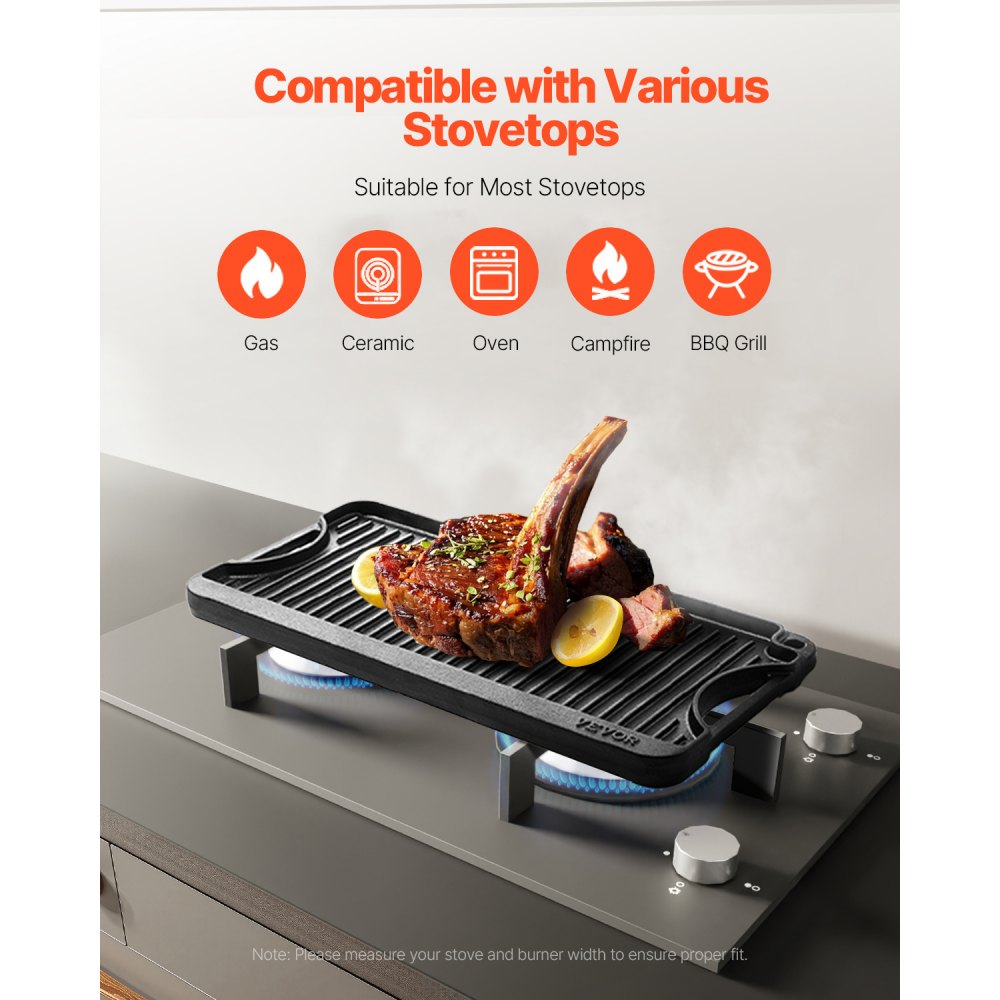 VEVOR Reversible Grill/Griddle, 20x10 inch Pre-Seasoned Cast Iron Griddle, Portable Rectangular Pan with Handle, Family Cookware for Indoor/Outdoor Stove Top Burner, Gas, Camping BBQ, Black