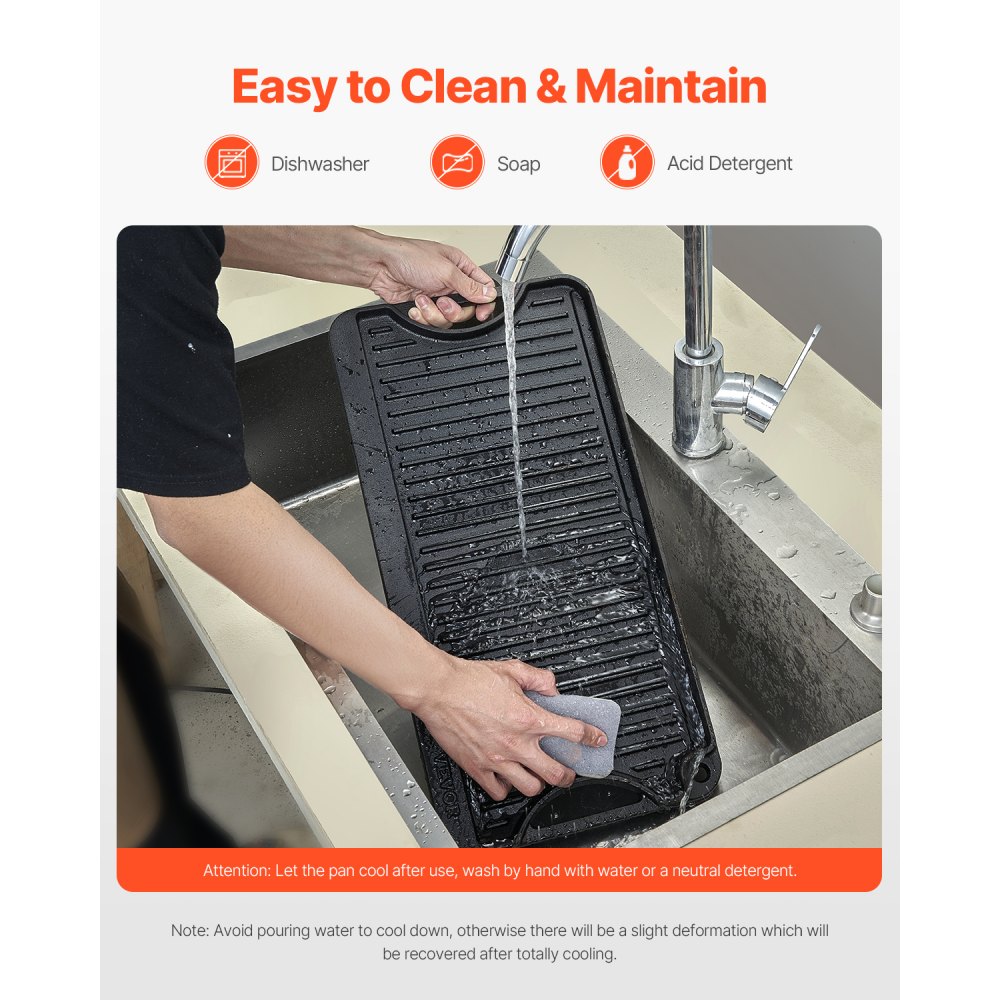 VEVOR Reversible Grill/Griddle, 20x10 inch Pre-Seasoned Cast Iron Griddle, Portable Rectangular Pan with Handle, Family Cookware for Indoor/Outdoor Stove Top Burner, Gas, Camping BBQ, Black