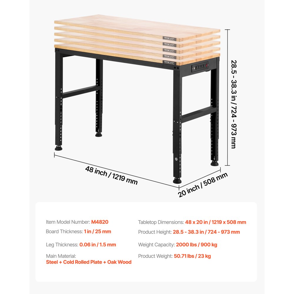 VEVOR Adjustable Workbench, 2000 lbs Capacity, 48 x 20-inch Heavy Duty Work Bench with 28.5-38.3 Inches Height Adjustment, Garage Workbench with Power Outlets, Suitable for Office, Garage, Workshop