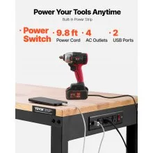 VEVOR Workbench Adjustable Height, 48" L X 20" W X 38.1" H Garage Table w/ 28.3" - 38.1" Heights & 2000 LBS Load Capacity, with Power Outlets & Hardwood Top & Metal Frame & Foot Pads, for Office Home