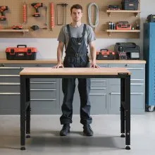 VEVOR Workbench Adjustable Height, 48" L X 20" W X 38.1" H Garage Table w/ 28.3" - 38.1" Heights & 2000 LBS Load Capacity, with Power Outlets & Hardwood Top & Metal Frame & Foot Pads, for Office Home