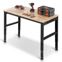 VEVOR Workbench Adjustable Height, 48" L X 20" W X 38.1" H Garage Table w/ 28.3" - 38.1" Heights & 2000 LBS Load Capacity, with Power Outlets & Hardwood Top & Metal Frame & Foot Pads, for Office Home