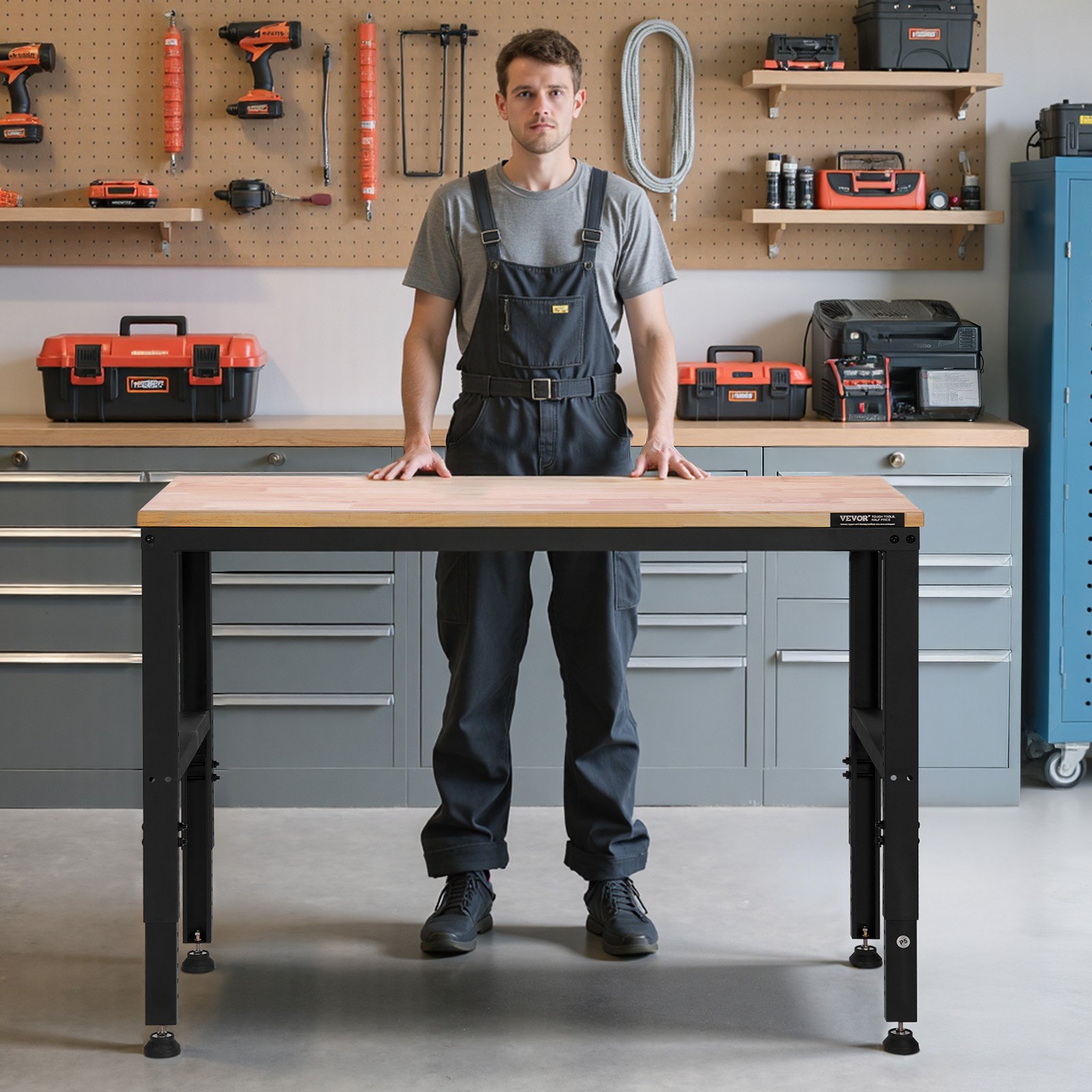 VEVOR Adjustable Workbench, 2000 lbs Capacity, 48 x 20-inch Heavy Duty Work Bench with 28.5-38.3 Inches Height Adjustment, Garage Workbench with Power Outlets, Suitable for Office, Garage, Workshop